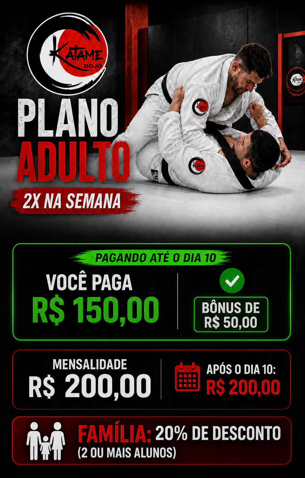 Flyer do Plano Adulto do CT Espécime com mensalidade, benefício para pagamento em dia e desconto família