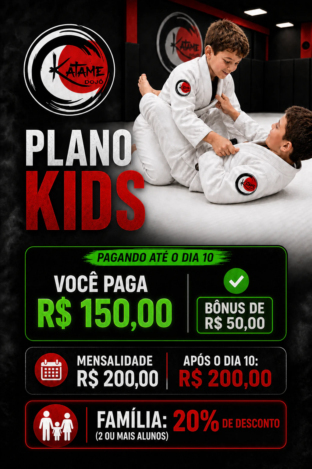 Flyer do Plano Kids do CT Espécime com mensalidade, benefício para pagamento em dia e desconto família